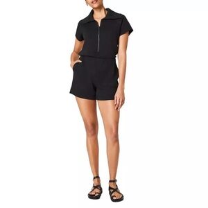 SPANX Air Essentials Black Half Zip Short Sleeve Romper/Jumpsuit